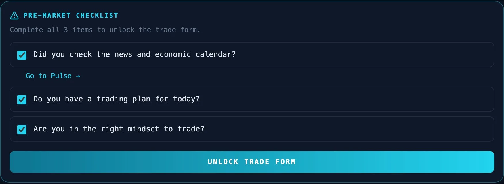 MindTradr pre-market checklist to build trading discipline