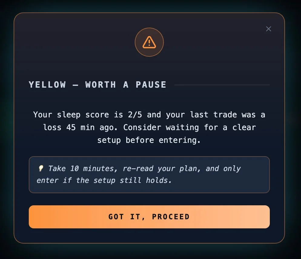 MindTradr Sanity Check — pre-trade mental state warning system