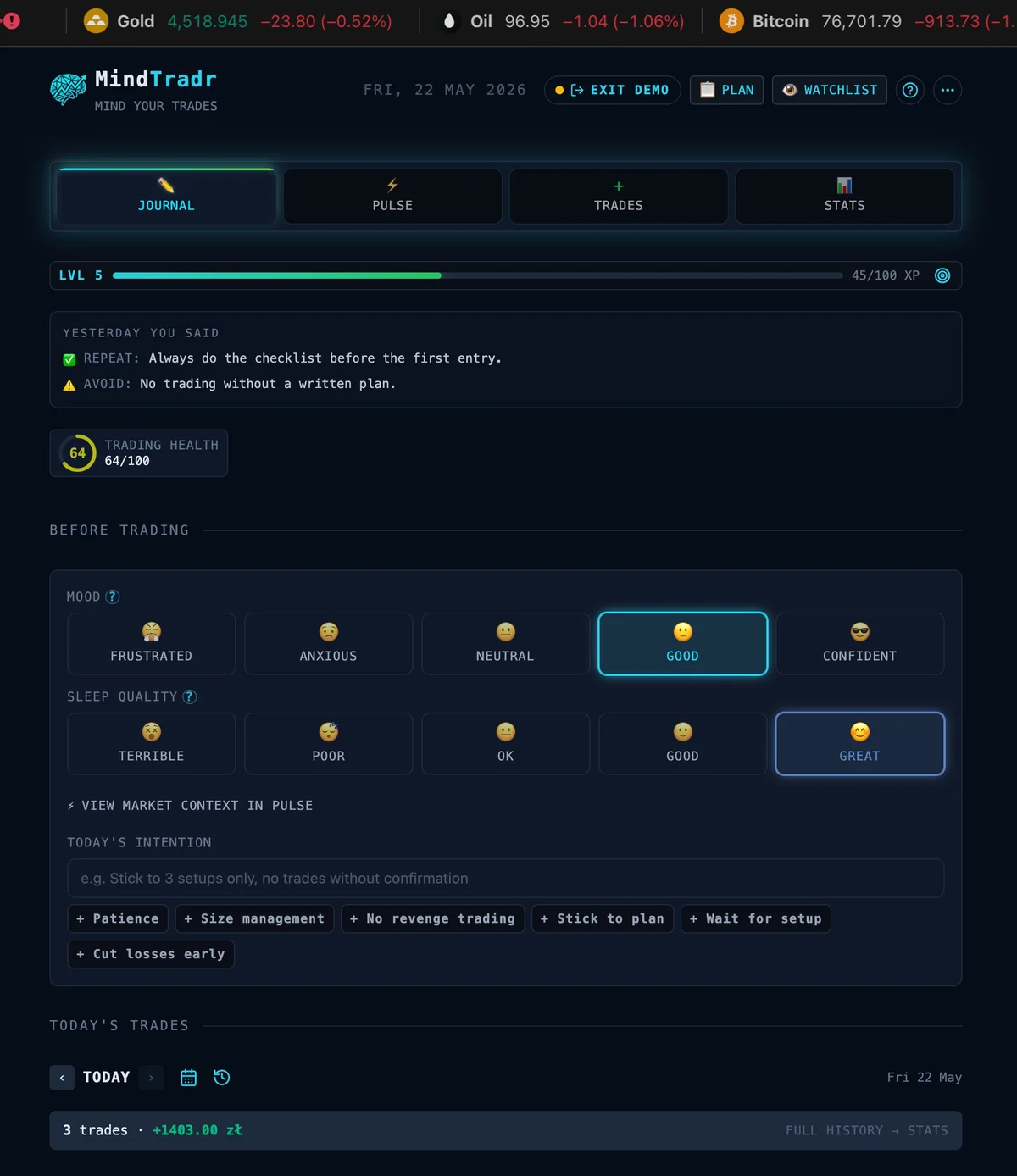 MindTradr trading journal — mood, sleep quality, and stress tracking